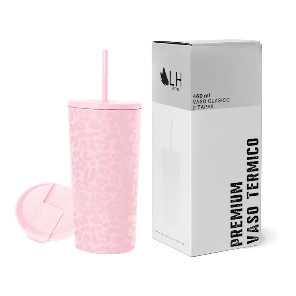 Vaso Térmico 460ml + 2 Tapas Rosado Leop